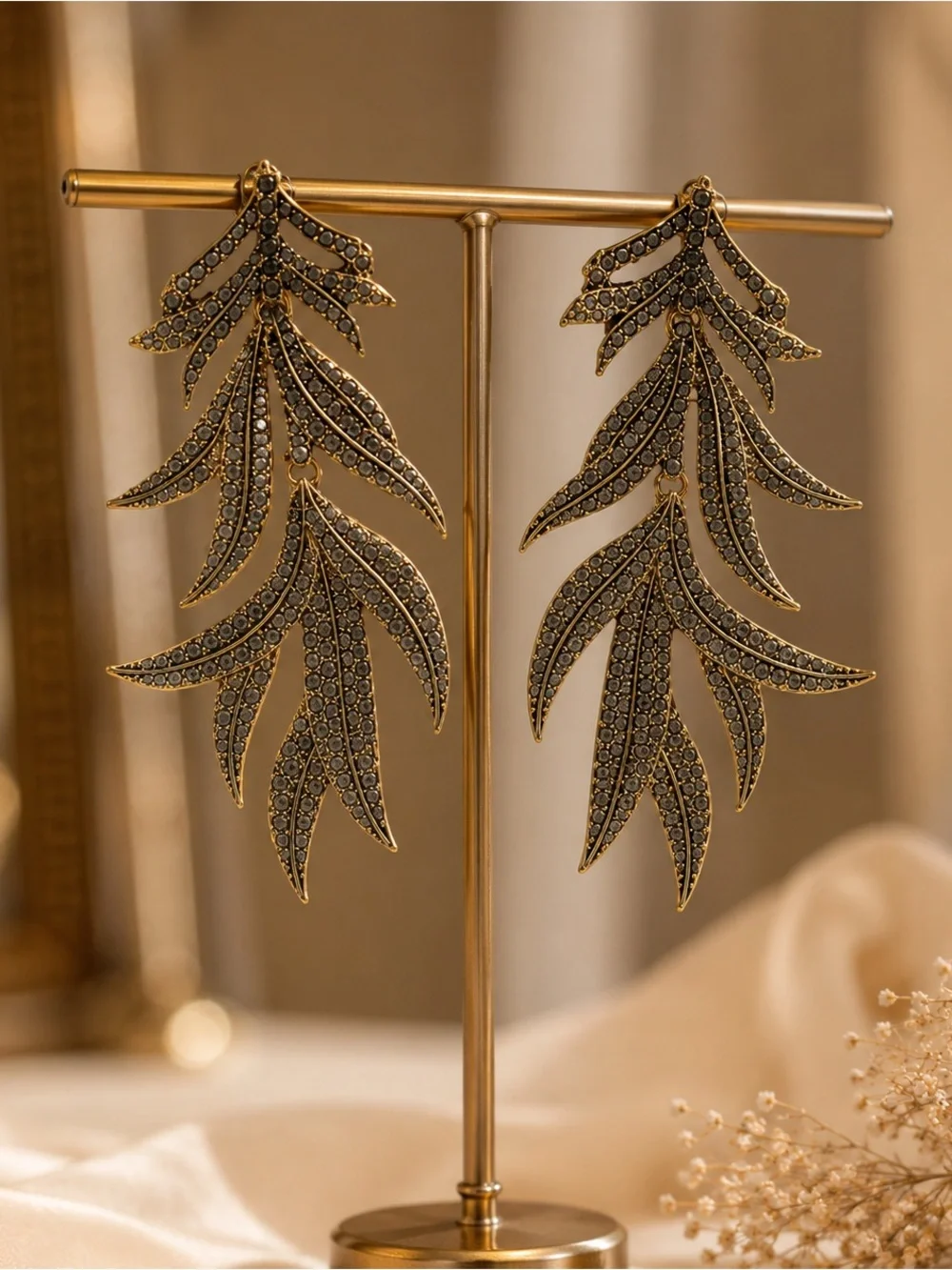 Olive Green Leaf Drop Statement Earrings - Women Jewelry NWOT